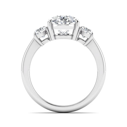Oval three stone prong set lab grown diamond engagement ring featuring a 3.00 carat oval center diamond with matching oval side diamonds in white gold finish.