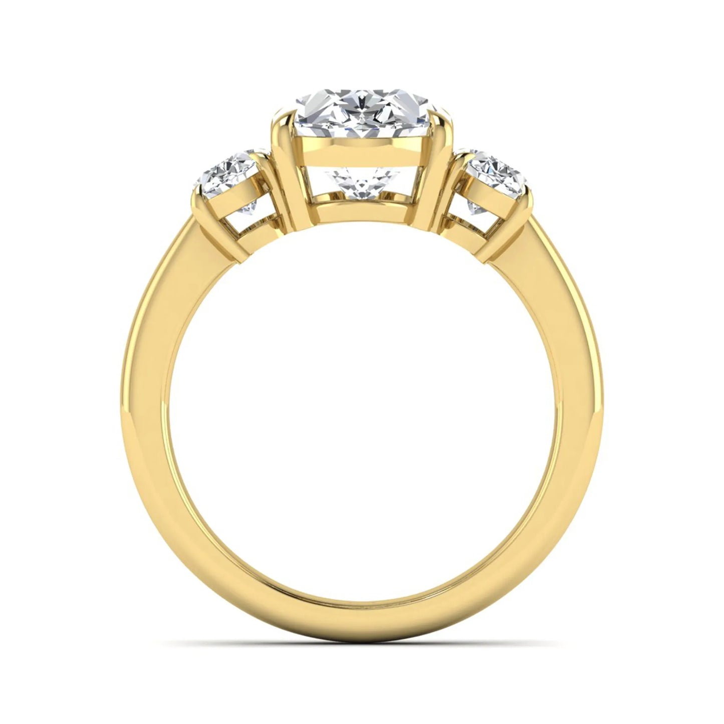 Oval three stone prong set lab grown diamond engagement ring featuring a 3.00 carat oval center diamond with matching oval side diamonds in yellow gold finish.