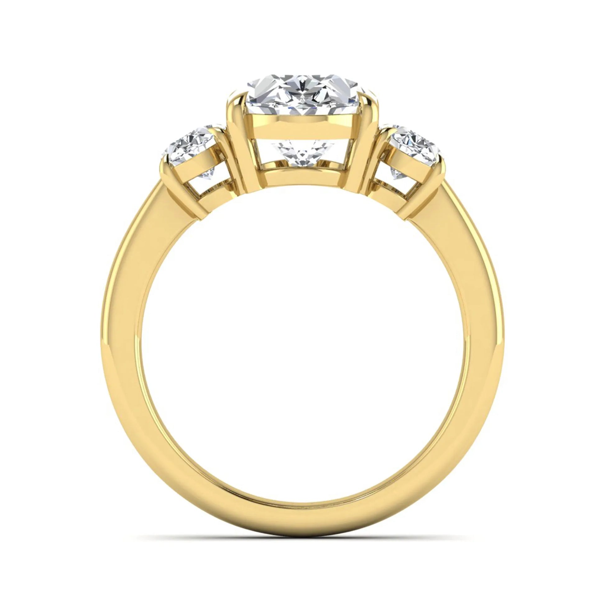 Oval three stone prong set lab grown diamond engagement ring featuring a 3.00 carat oval center diamond with matching oval side diamonds in yellow gold finish.