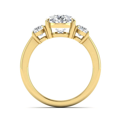 Oval three stone prong set lab grown diamond engagement ring featuring a 3.00 carat oval center diamond with matching oval side diamonds in yellow gold finish.
