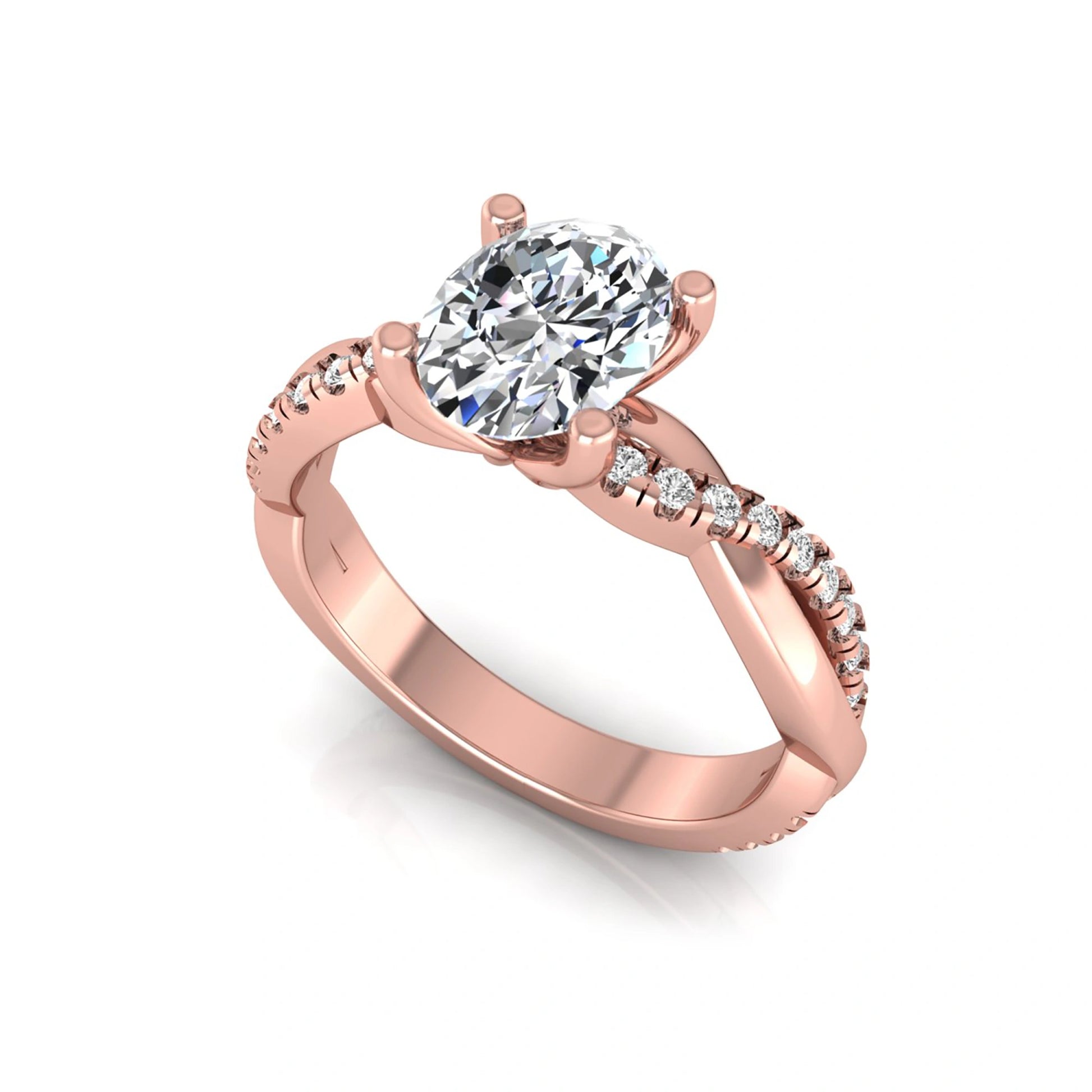 Oval cut lab grown diamond engagement ring featuring a 1.21 carat center diamond in a four-prong setting with a twisted pavé accent band and polished rose gold finish.