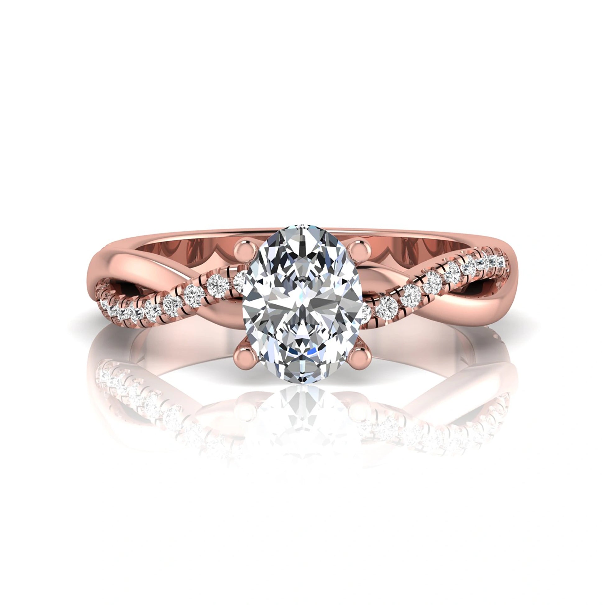 Oval cut lab grown diamond engagement ring featuring a 1.21 carat center diamond in a four-prong setting with a twisted pavé accent band and polished rose gold finish.