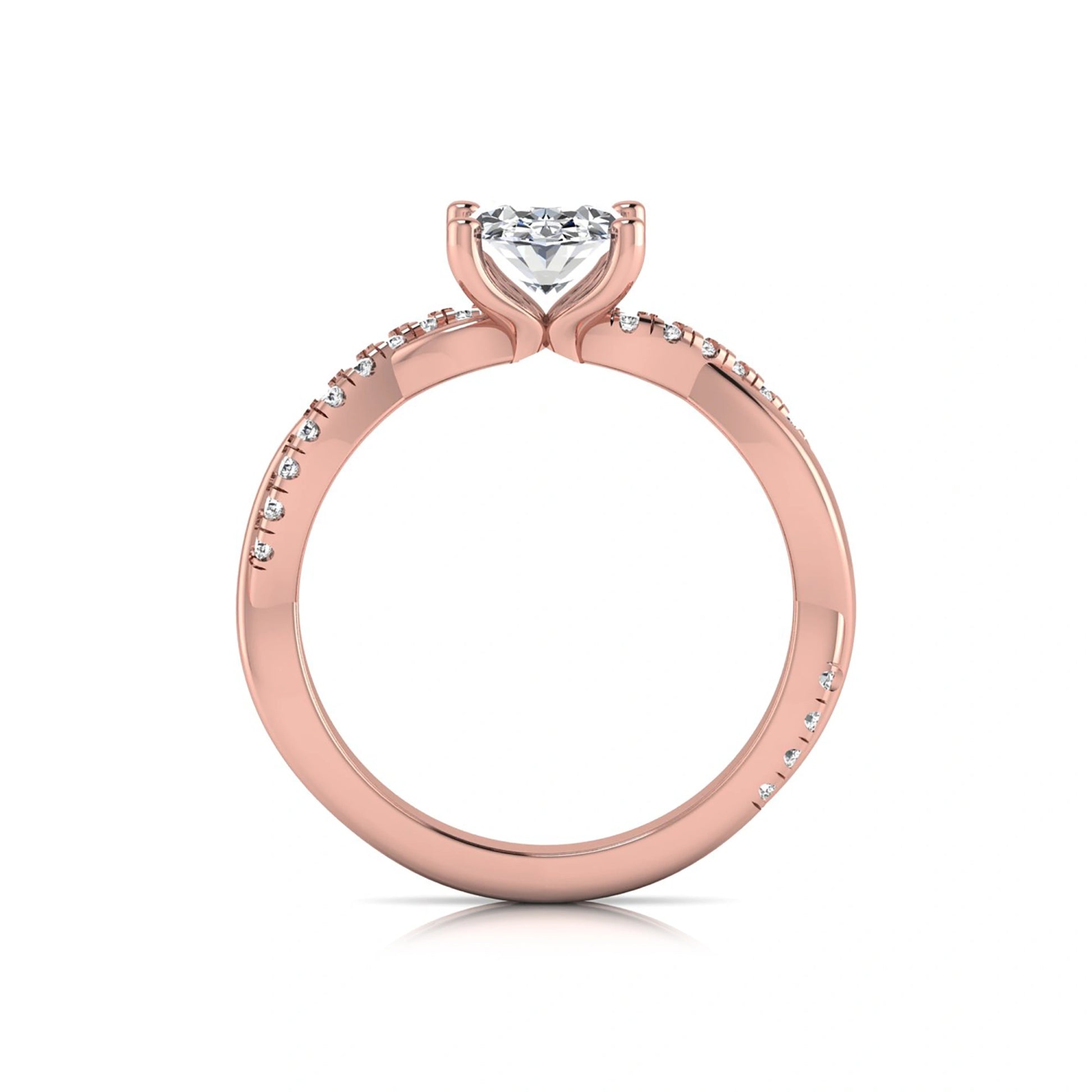 Oval cut lab grown diamond engagement ring featuring a 1.21 carat center diamond in a four-prong setting with a twisted pavé accent band and polished rose gold finish.