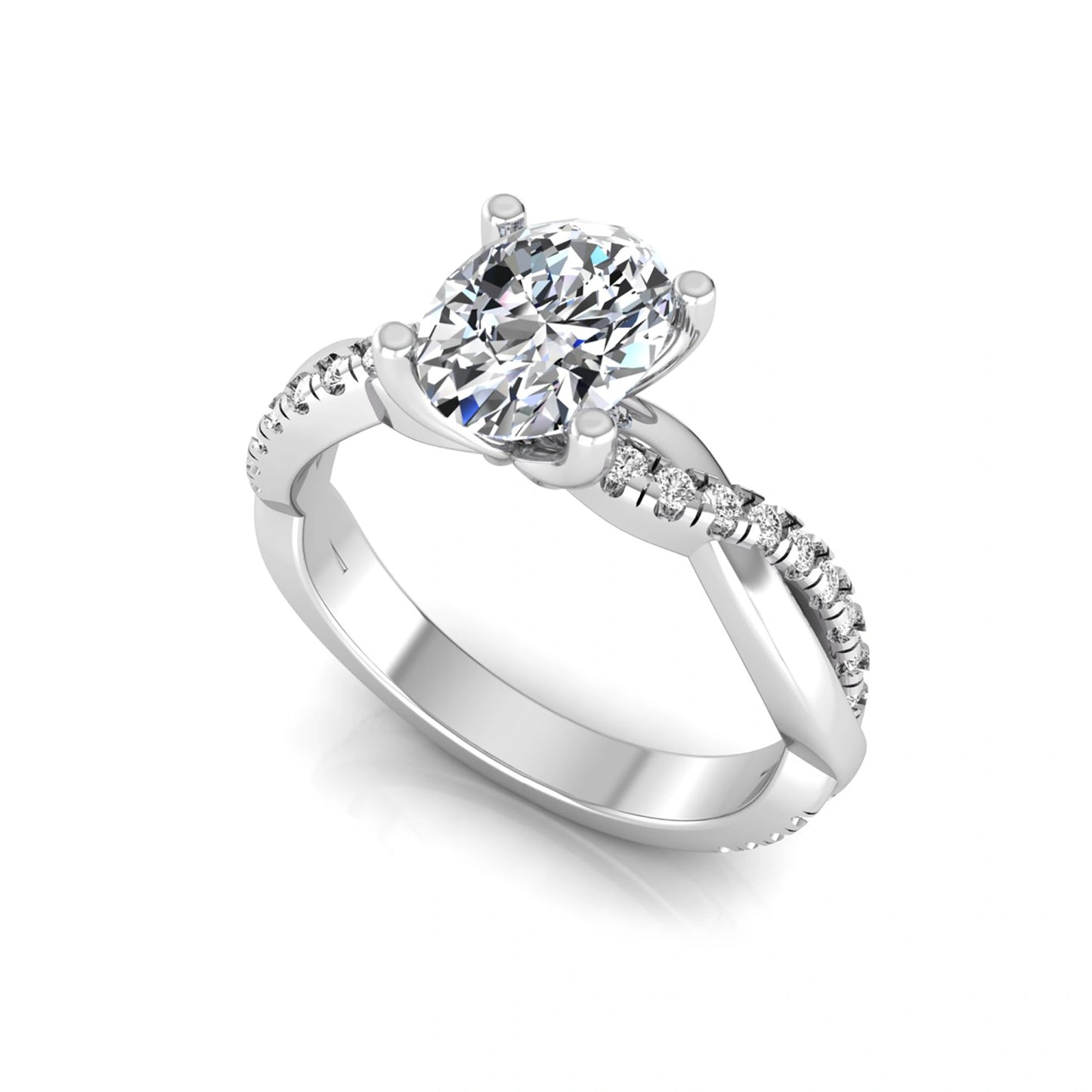 Oval cut lab grown diamond engagement ring featuring a 1.21 carat center diamond in a four-prong setting with a twisted pavé accent band and polished white gold finish.