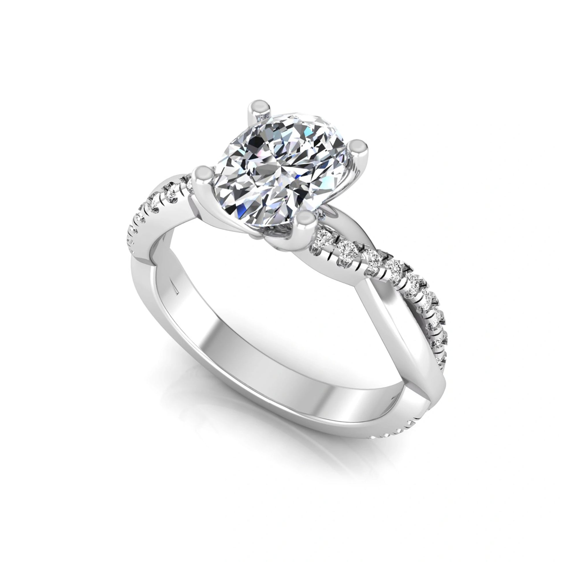 Oval cut lab grown diamond engagement ring featuring a 1.21 carat center diamond in a four-prong setting with a twisted pavé accent band and polished white gold finish.
