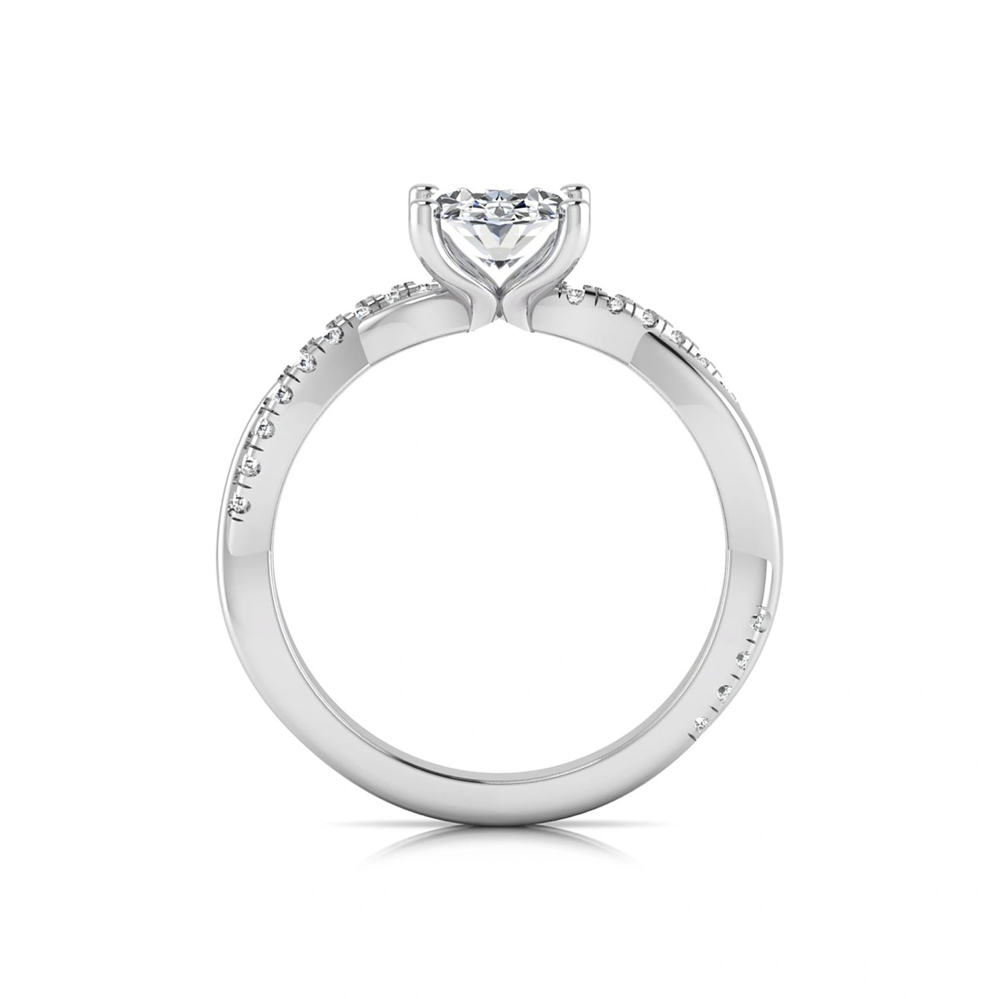 Oval cut lab grown diamond engagement ring featuring a 1.21 carat center diamond in a four-prong setting with a twisted pavé accent band and polished white gold finish.