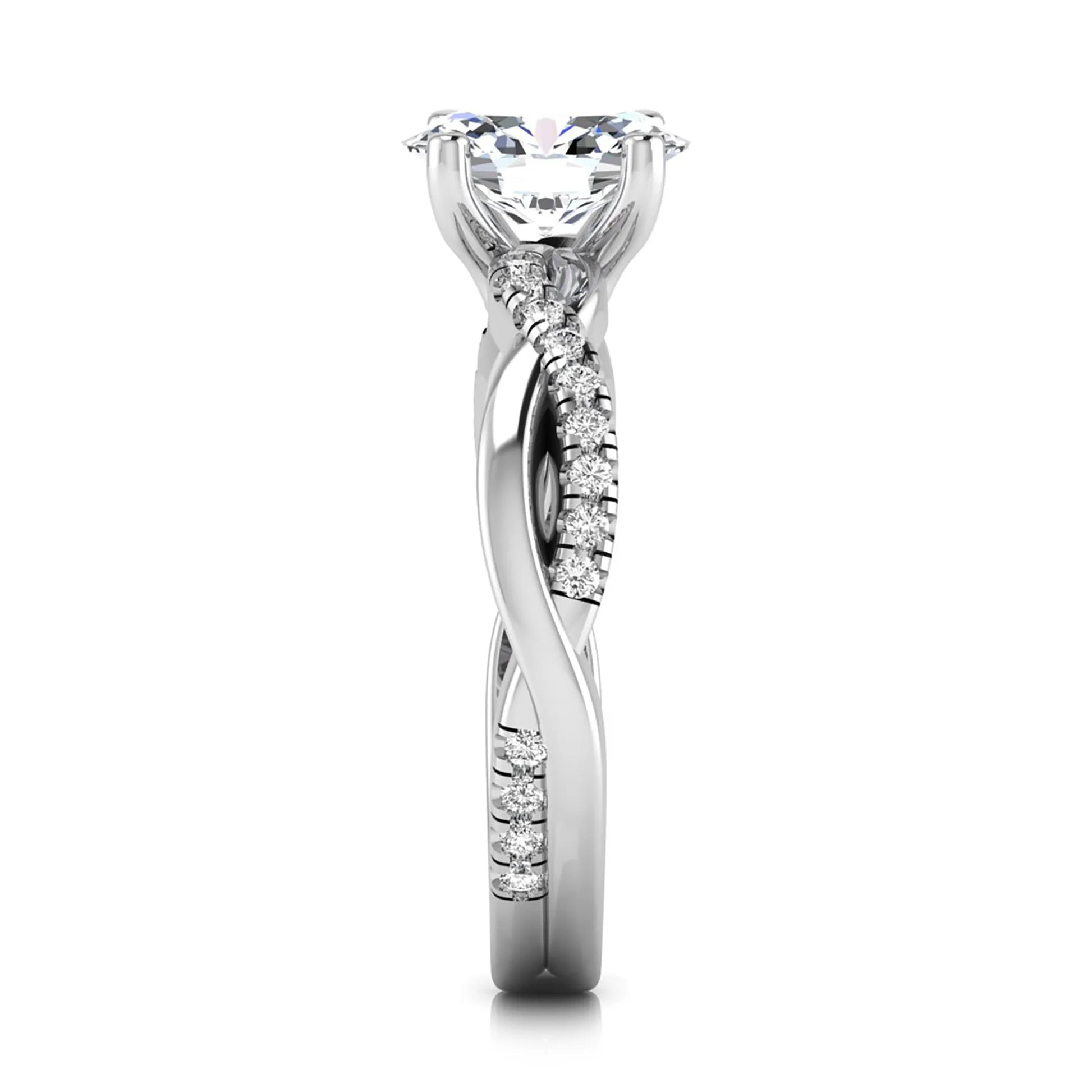 Oval cut lab grown diamond engagement ring featuring a 1.21 carat center diamond in a four-prong setting with a twisted pavé accent band and polished white gold finish.