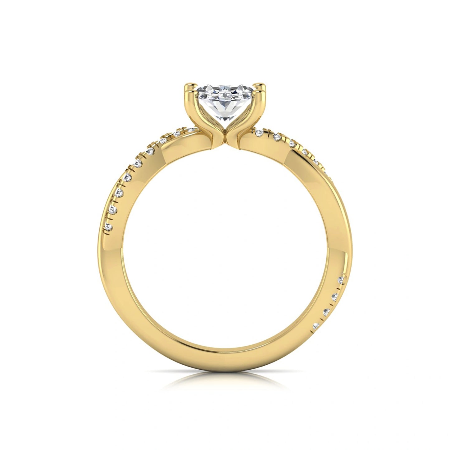 Oval cut lab grown diamond engagement ring featuring a 1.21 carat center diamond in a four-prong setting with a twisted pavé accent band and polished yellow gold finish.