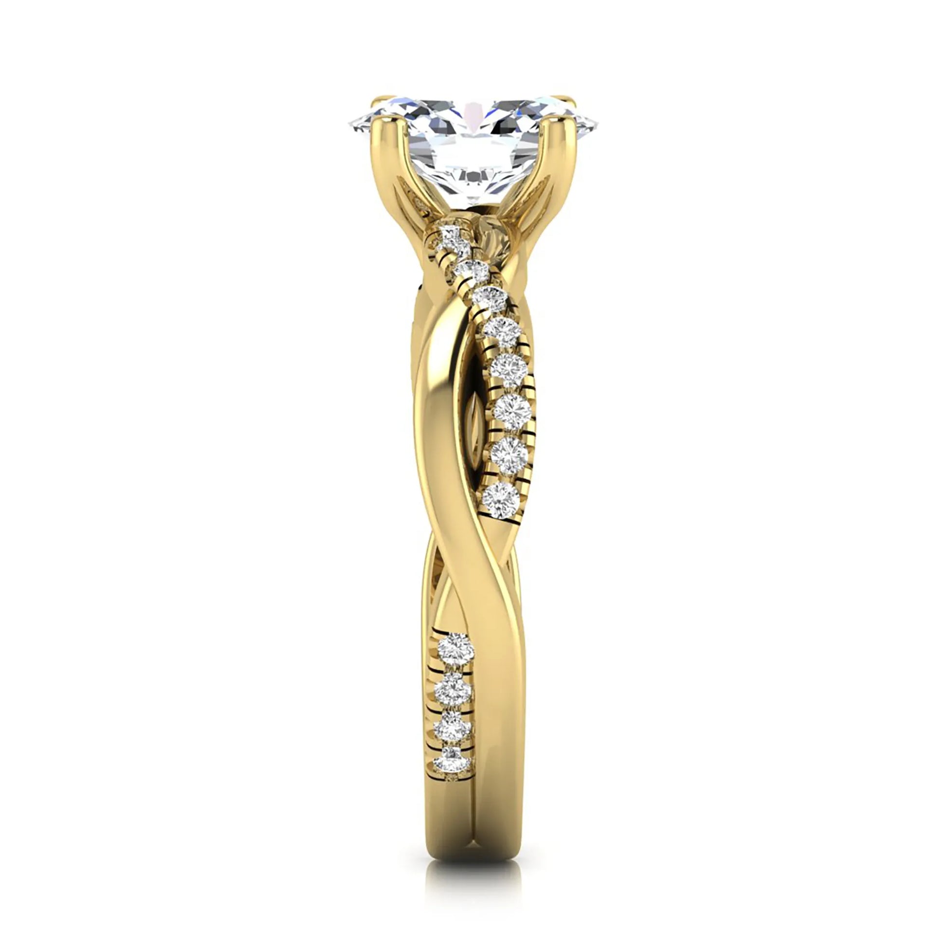 Oval cut lab grown diamond engagement ring featuring a 1.21 carat center diamond in a four-prong setting with a twisted pavé accent band and polished yellow gold finish.