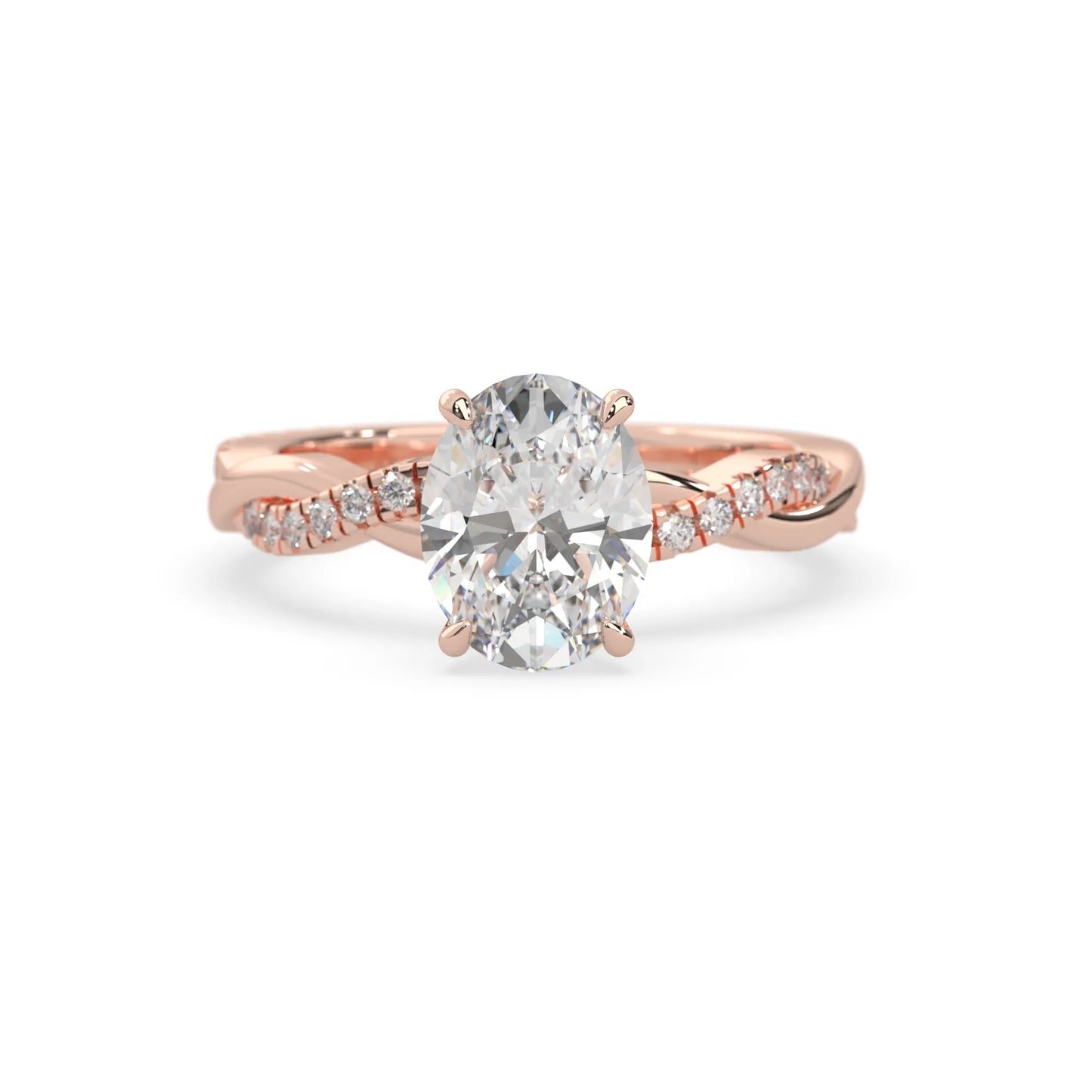 oval brilliant lab grown diamond engagement ring with prong setting and twisted pavé diamond band in rose gold tone
