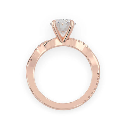 oval brilliant lab grown diamond engagement ring with prong setting and twisted pavé diamond band in rose gold tone