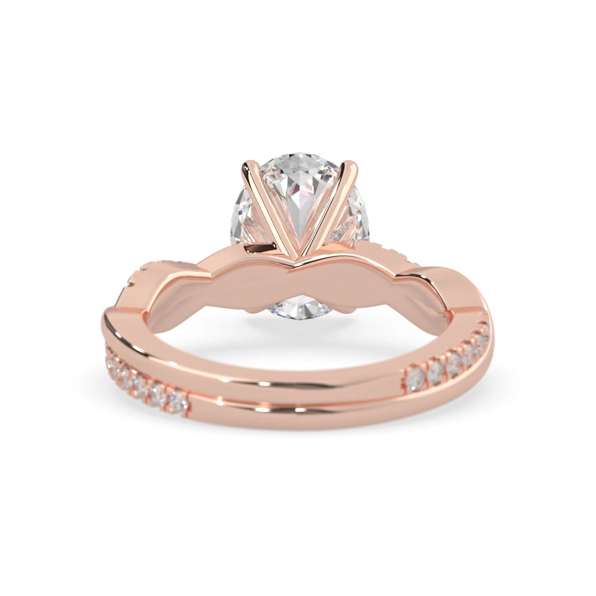 oval brilliant lab grown diamond engagement ring with prong setting and twisted pavé diamond band in rose gold tone