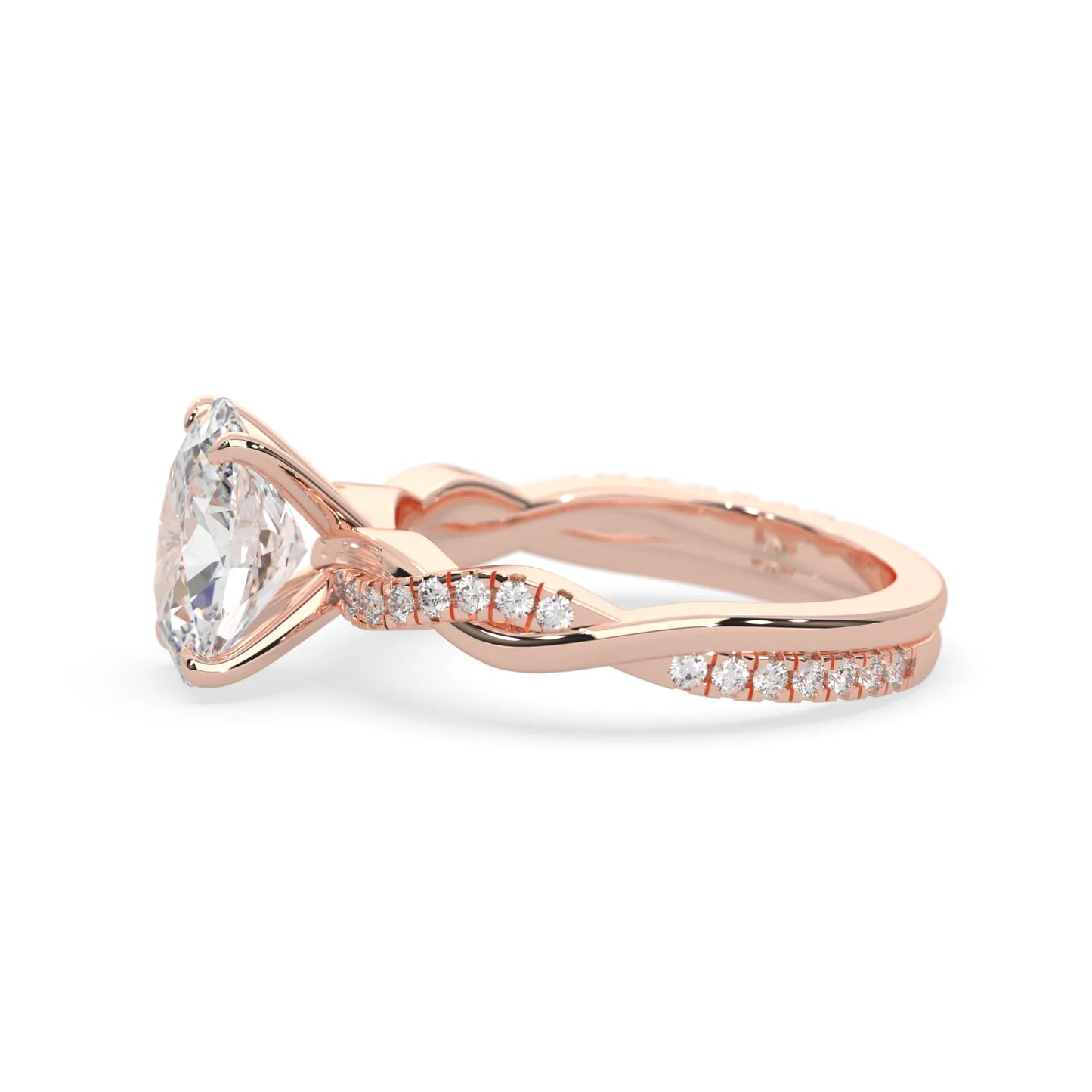 oval brilliant lab grown diamond engagement ring with prong setting and twisted pavé diamond band in rose gold tone