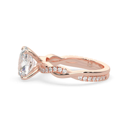oval brilliant lab grown diamond engagement ring with prong setting and twisted pavé diamond band in rose gold tone