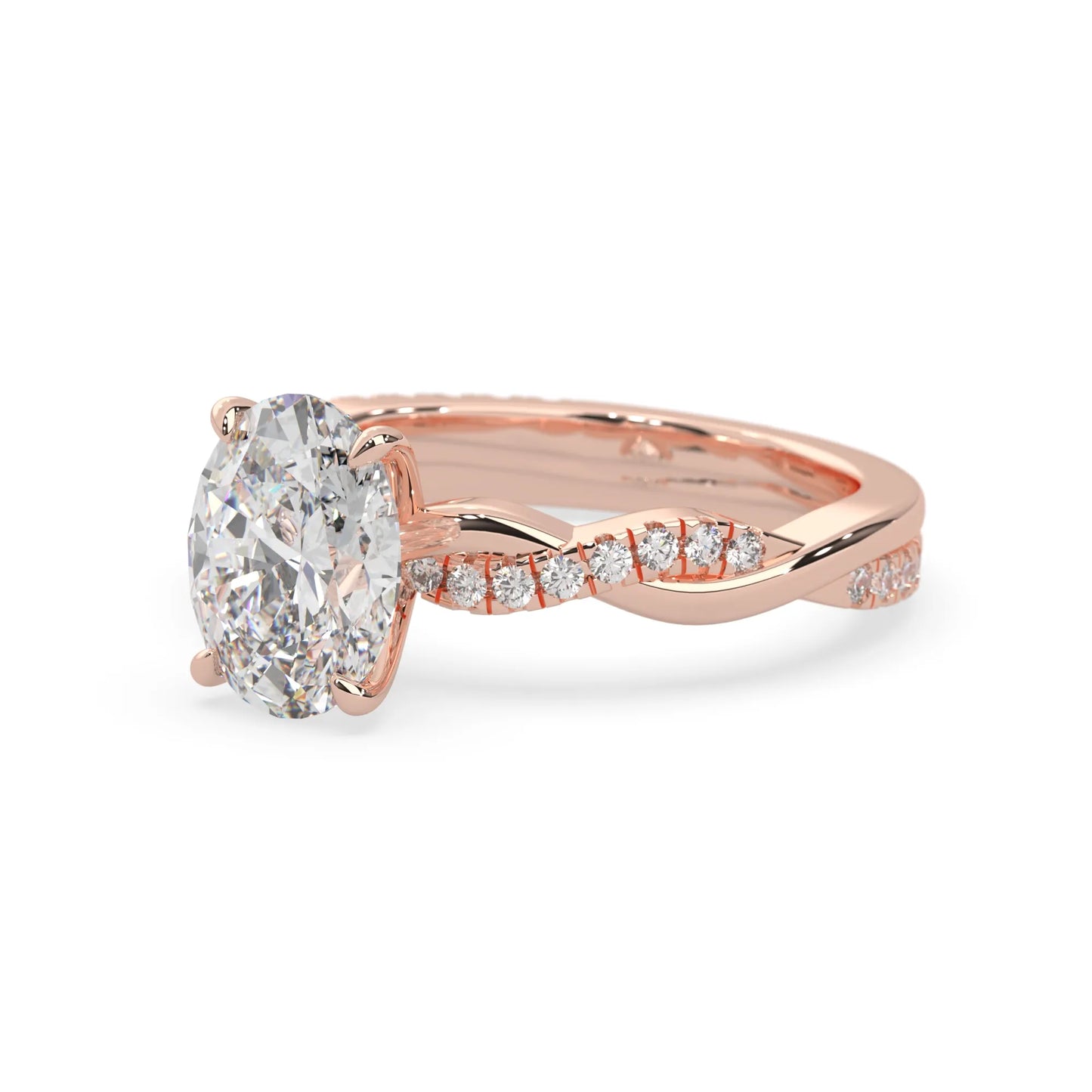 oval brilliant lab grown diamond engagement ring with prong setting and twisted pavé diamond band in rose gold tone