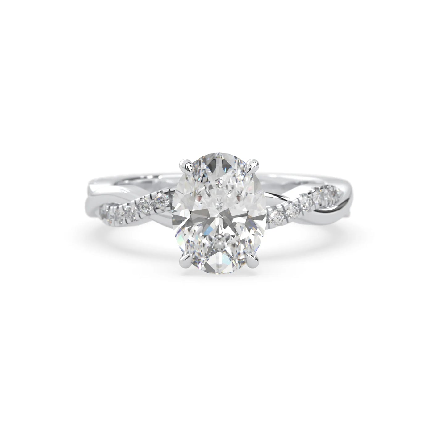 oval brilliant lab grown diamond engagement ring with prong setting and twisted pavé diamond band in white gold tone