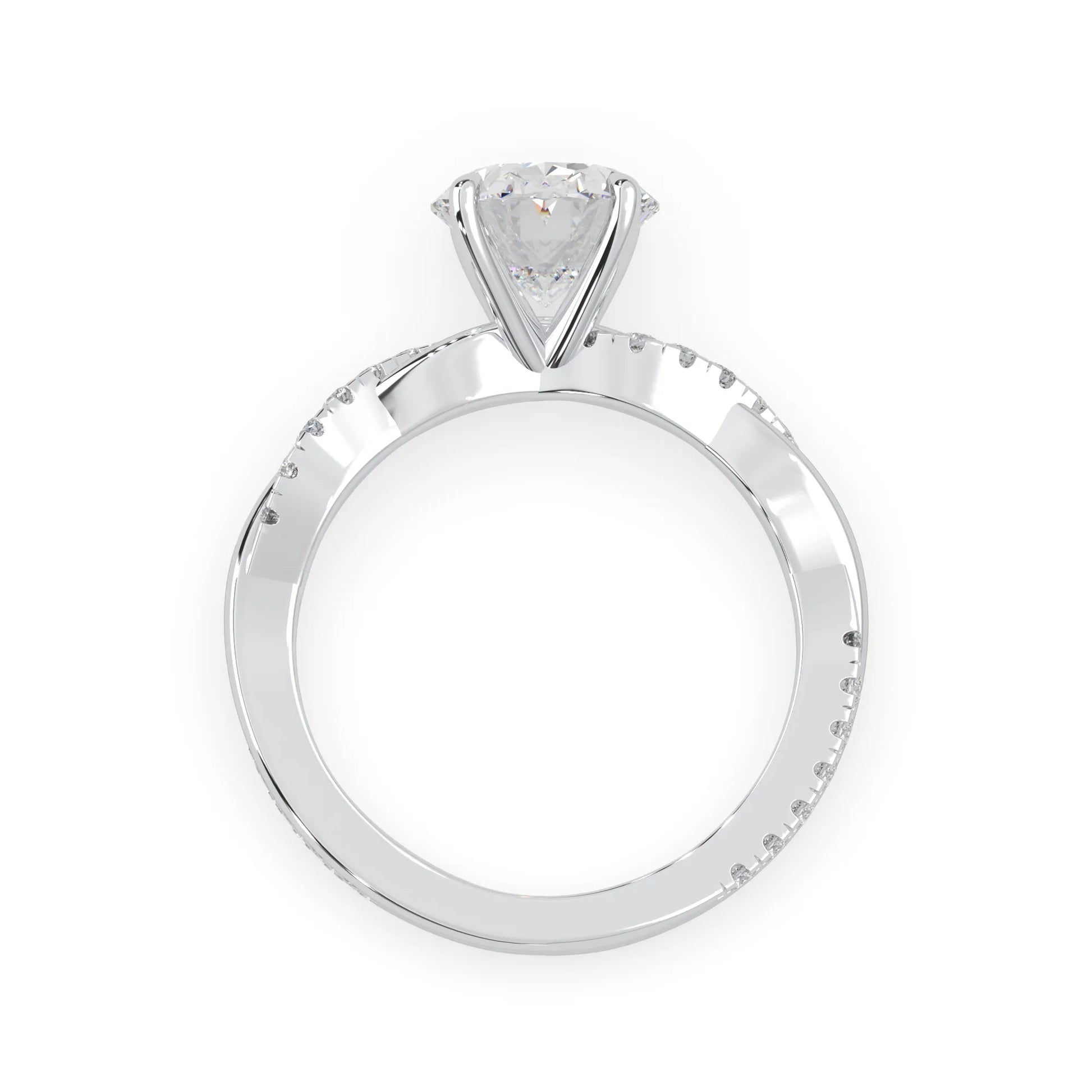 oval brilliant lab grown diamond engagement ring with prong setting and twisted pavé diamond band in white gold tone