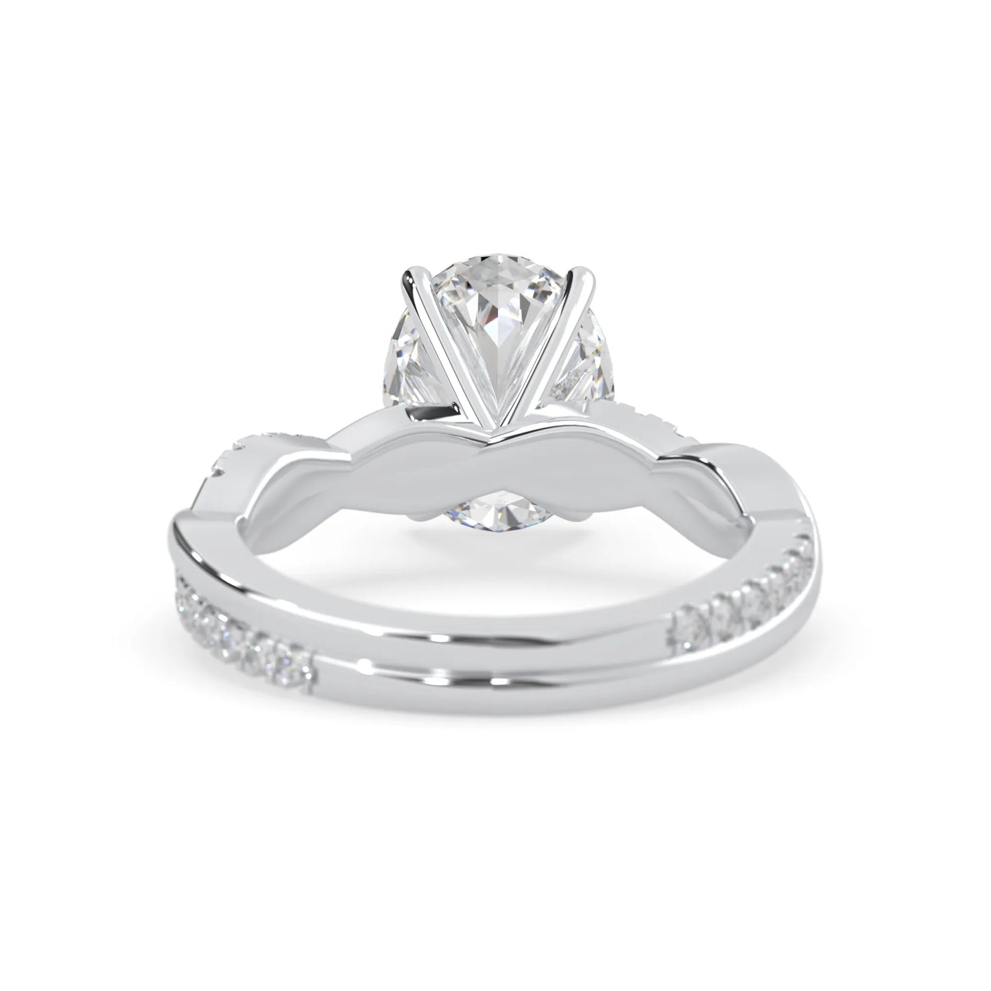 oval brilliant lab grown diamond engagement ring with prong setting and twisted pavé diamond band in white gold tone