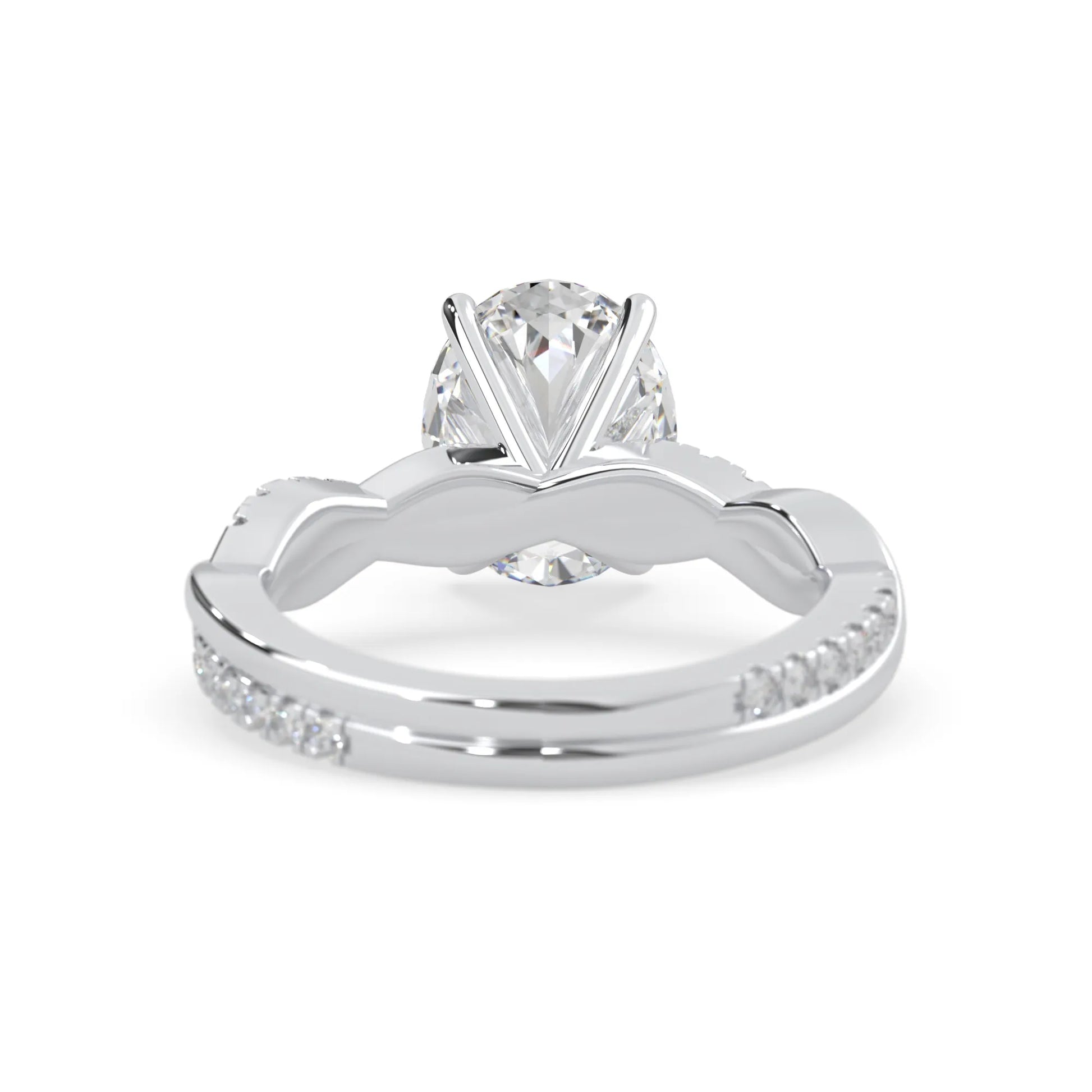 oval brilliant lab grown diamond engagement ring with prong setting and twisted pavé diamond band in white gold tone
