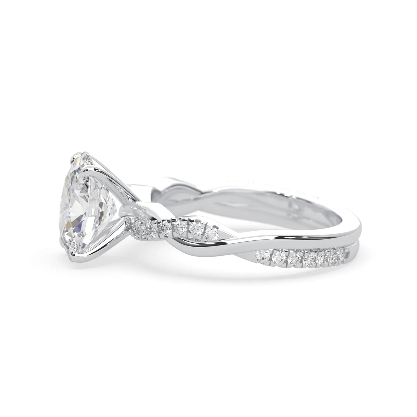 oval brilliant lab grown diamond engagement ring with prong setting and twisted pavé diamond band in white gold tone
