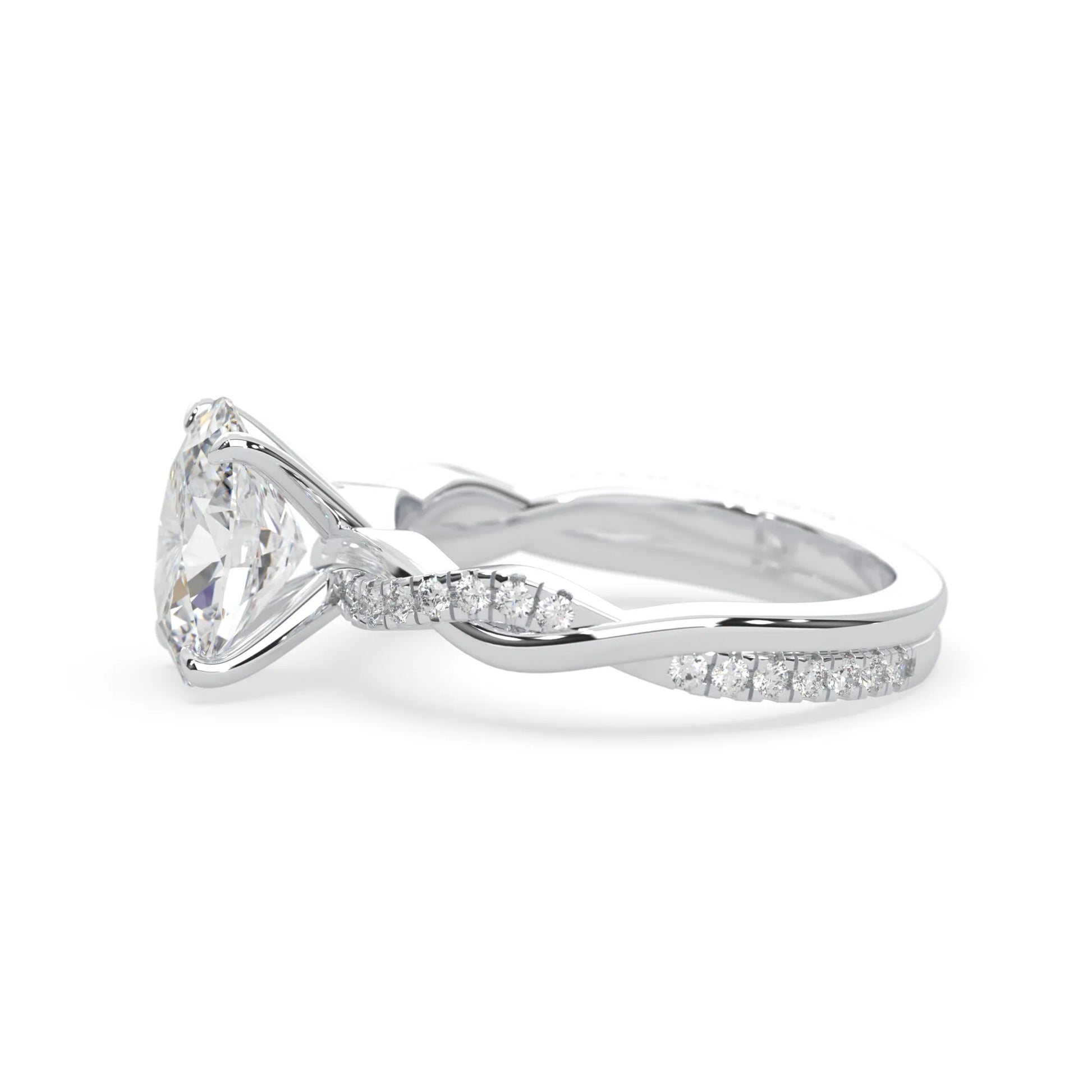 oval brilliant lab grown diamond engagement ring with prong setting and twisted pavé diamond band in white gold tone