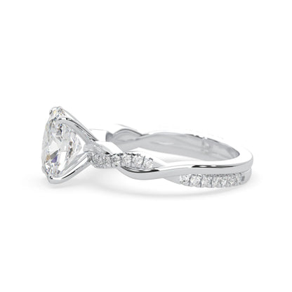 oval brilliant lab grown diamond engagement ring with prong setting and twisted pavé diamond band in white gold tone