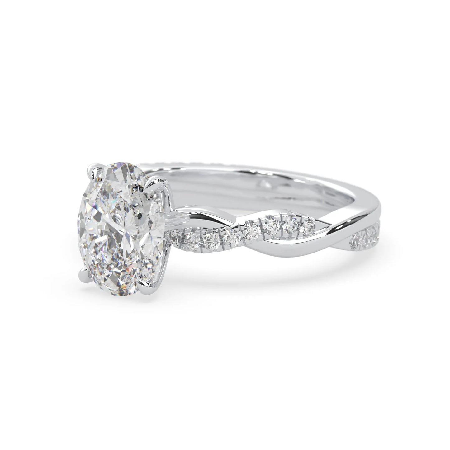 oval brilliant lab grown diamond engagement ring with prong setting and twisted pavé diamond band in white gold tone