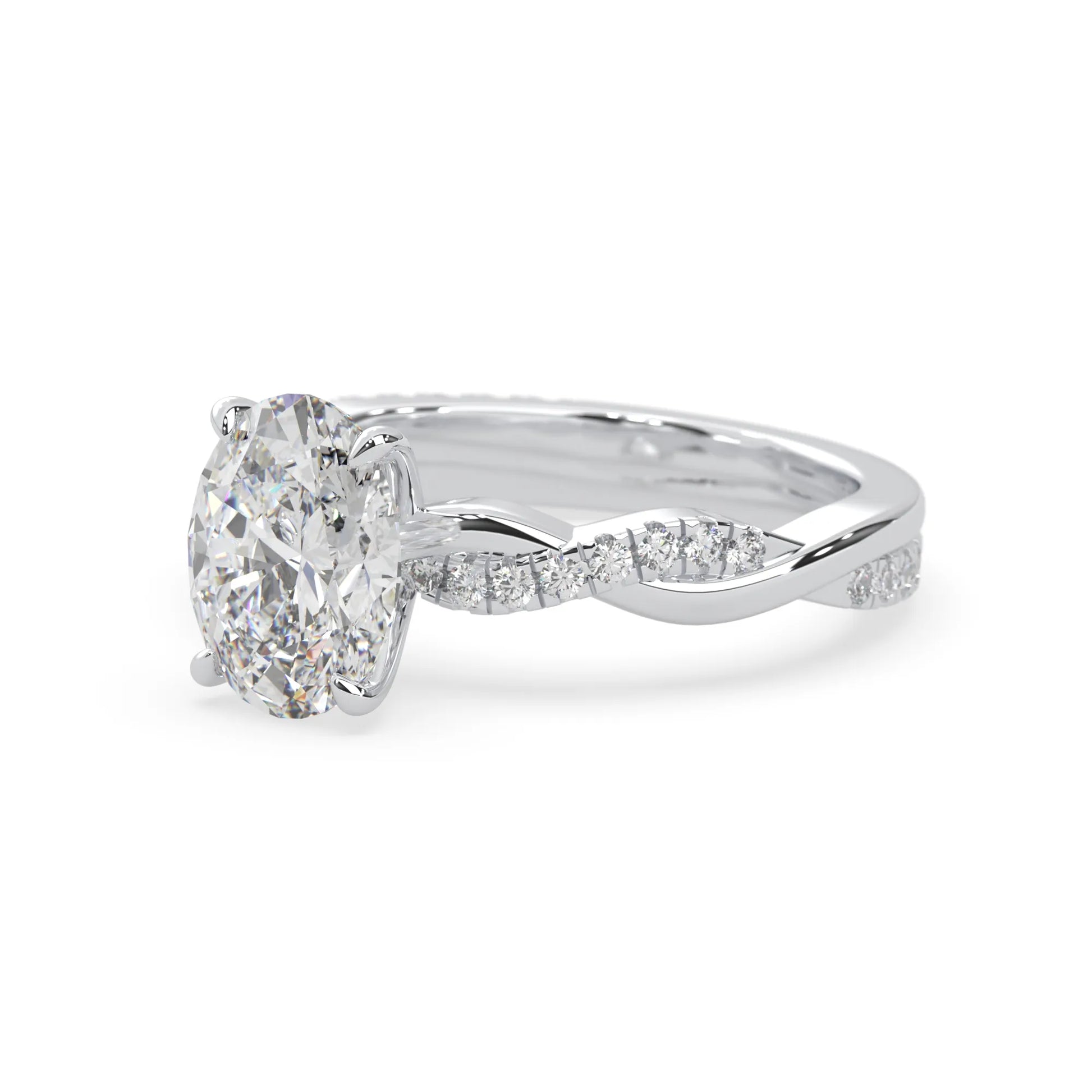 oval brilliant lab grown diamond engagement ring with prong setting and twisted pavé diamond band in white gold tone