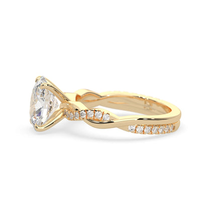 oval brilliant lab grown diamond engagement ring with prong setting and twisted pavé diamond band in yellow gold tone