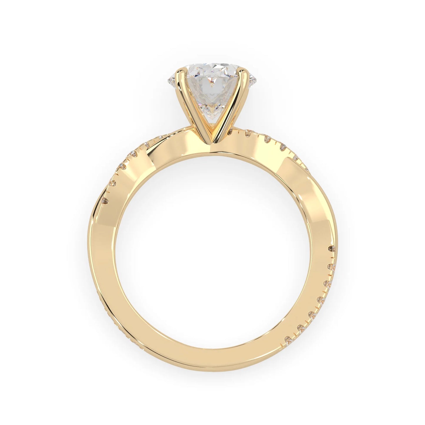 oval brilliant lab grown diamond engagement ring with prong setting and twisted pavé diamond band in yellow gold tone