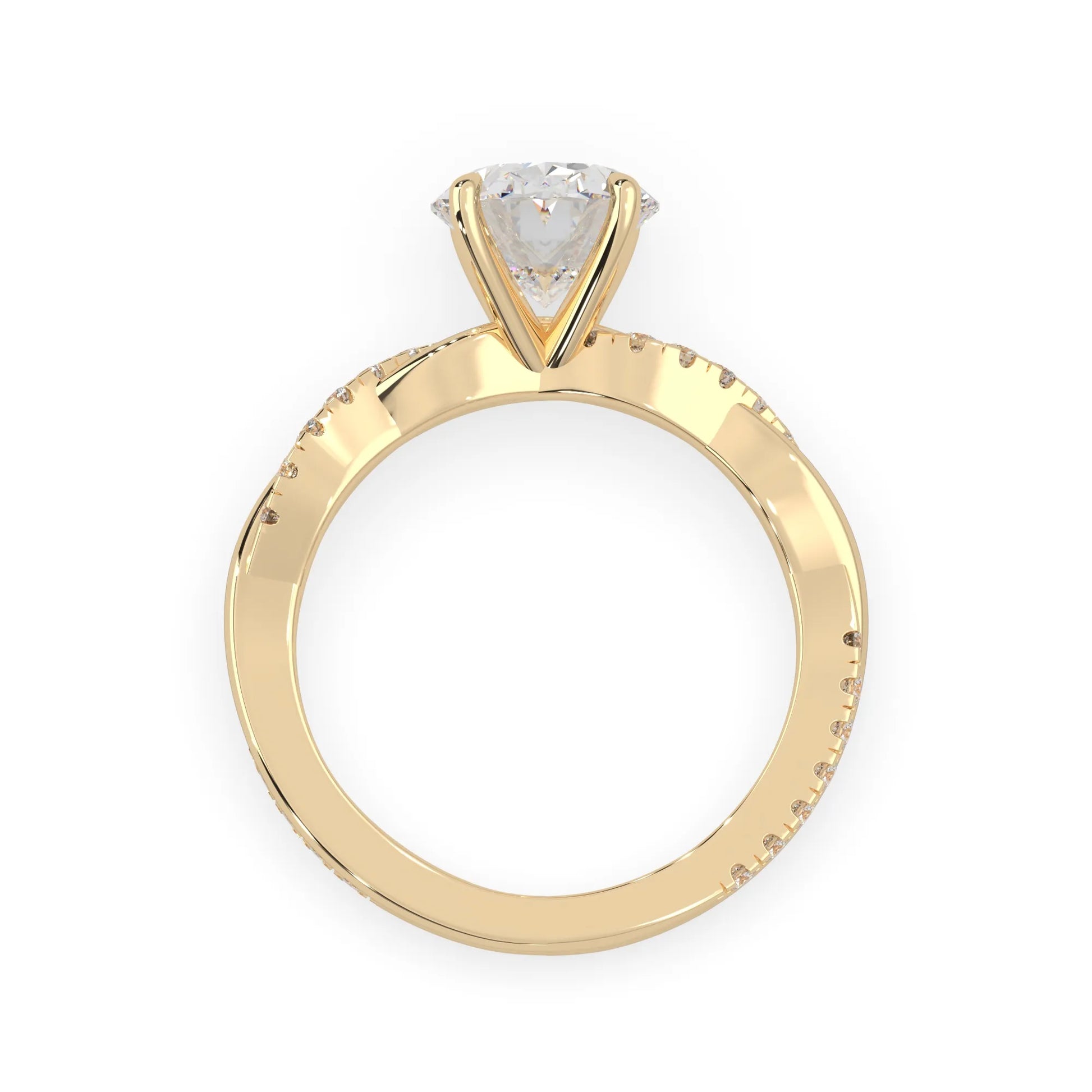 oval brilliant lab grown diamond engagement ring with prong setting and twisted pavé diamond band in yellow gold tone