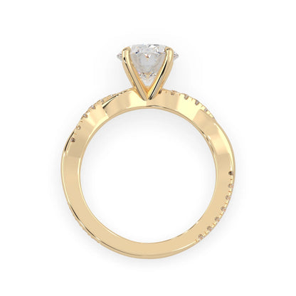 oval brilliant lab grown diamond engagement ring with prong setting and twisted pavé diamond band in yellow gold tone
