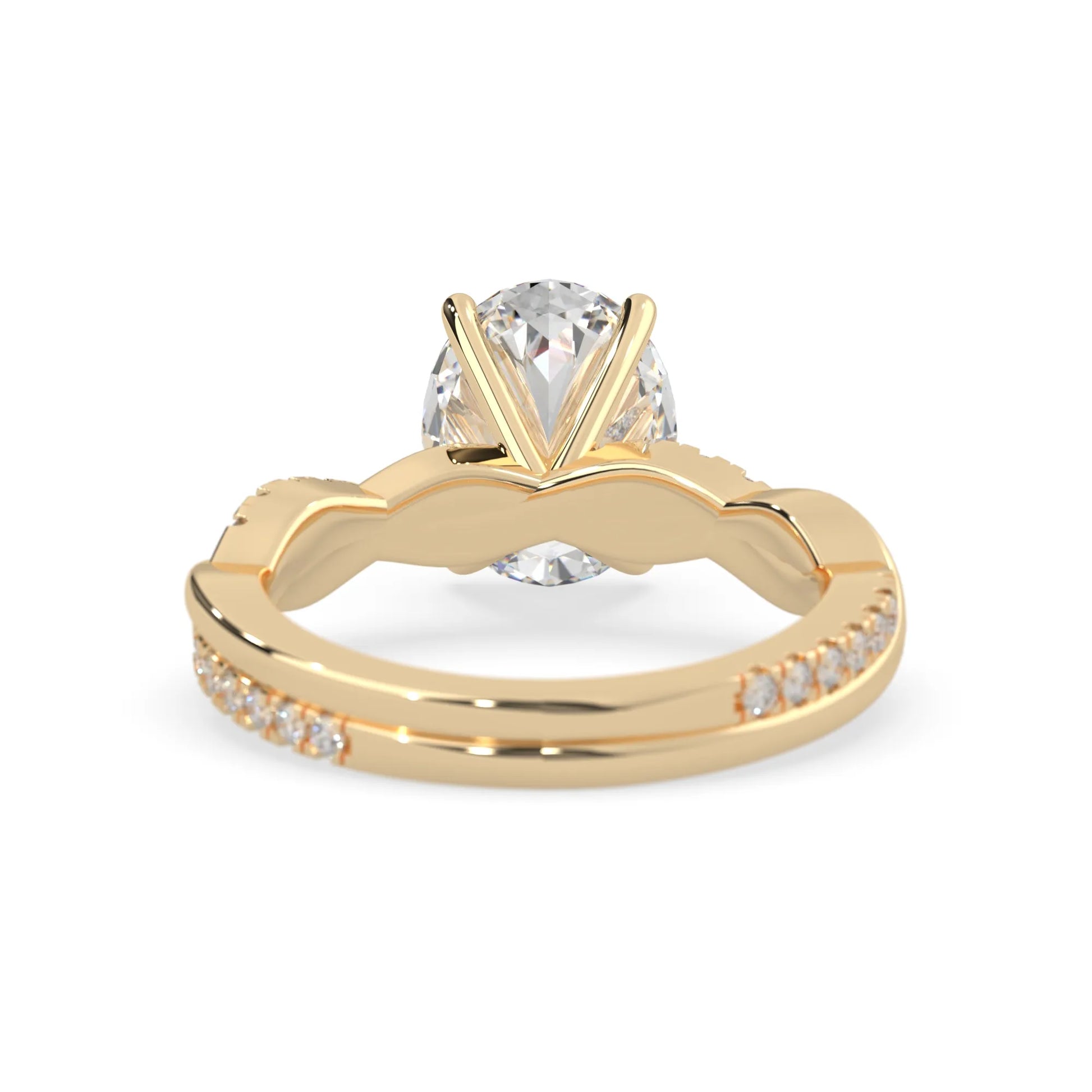 oval brilliant lab grown diamond engagement ring with prong setting and twisted pavé diamond band in yellow gold tone