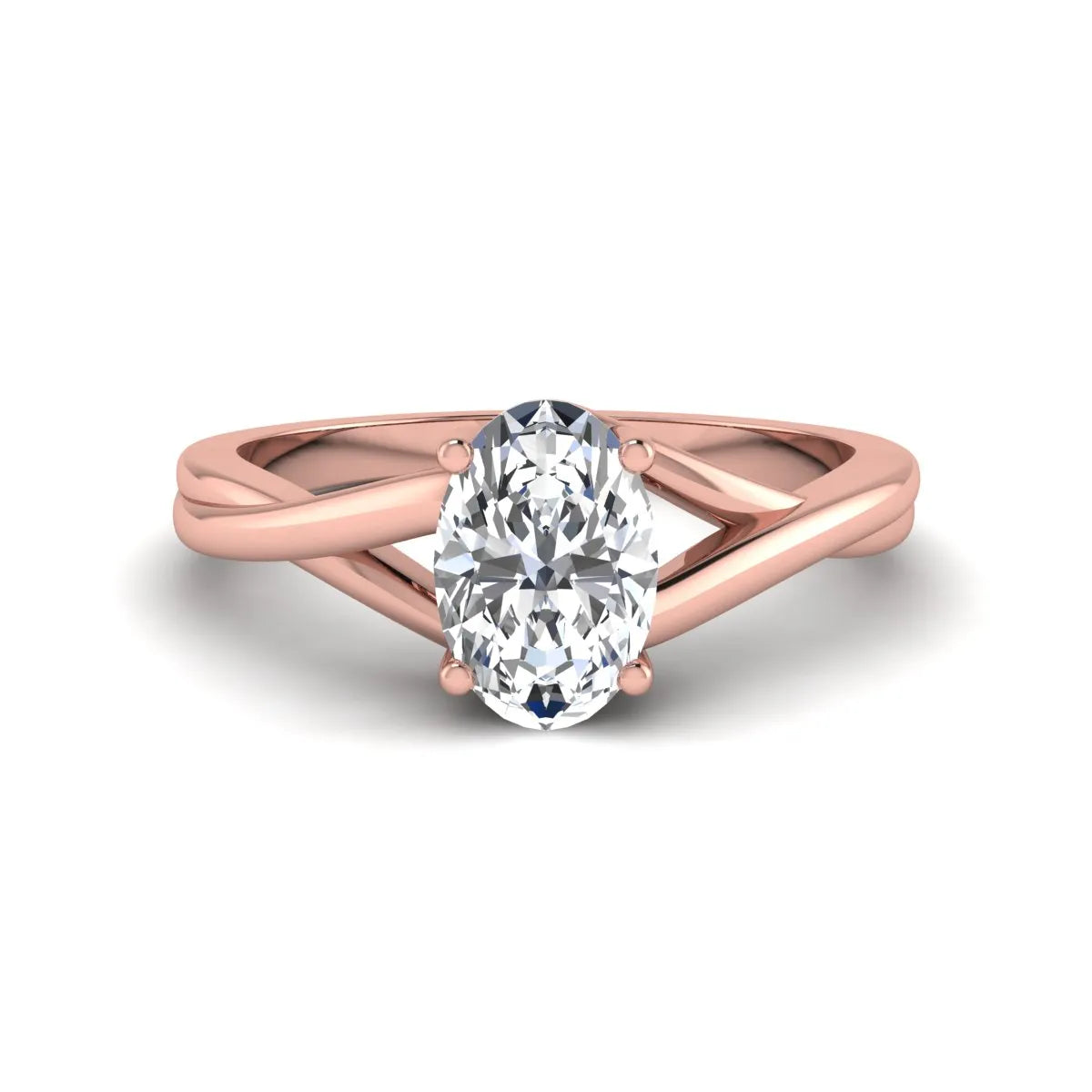 Oval twisted shank solitaire lab grown diamond engagement ring featuring a 1.50 carat IGI certified oval cut diamond in a rose gold setting.