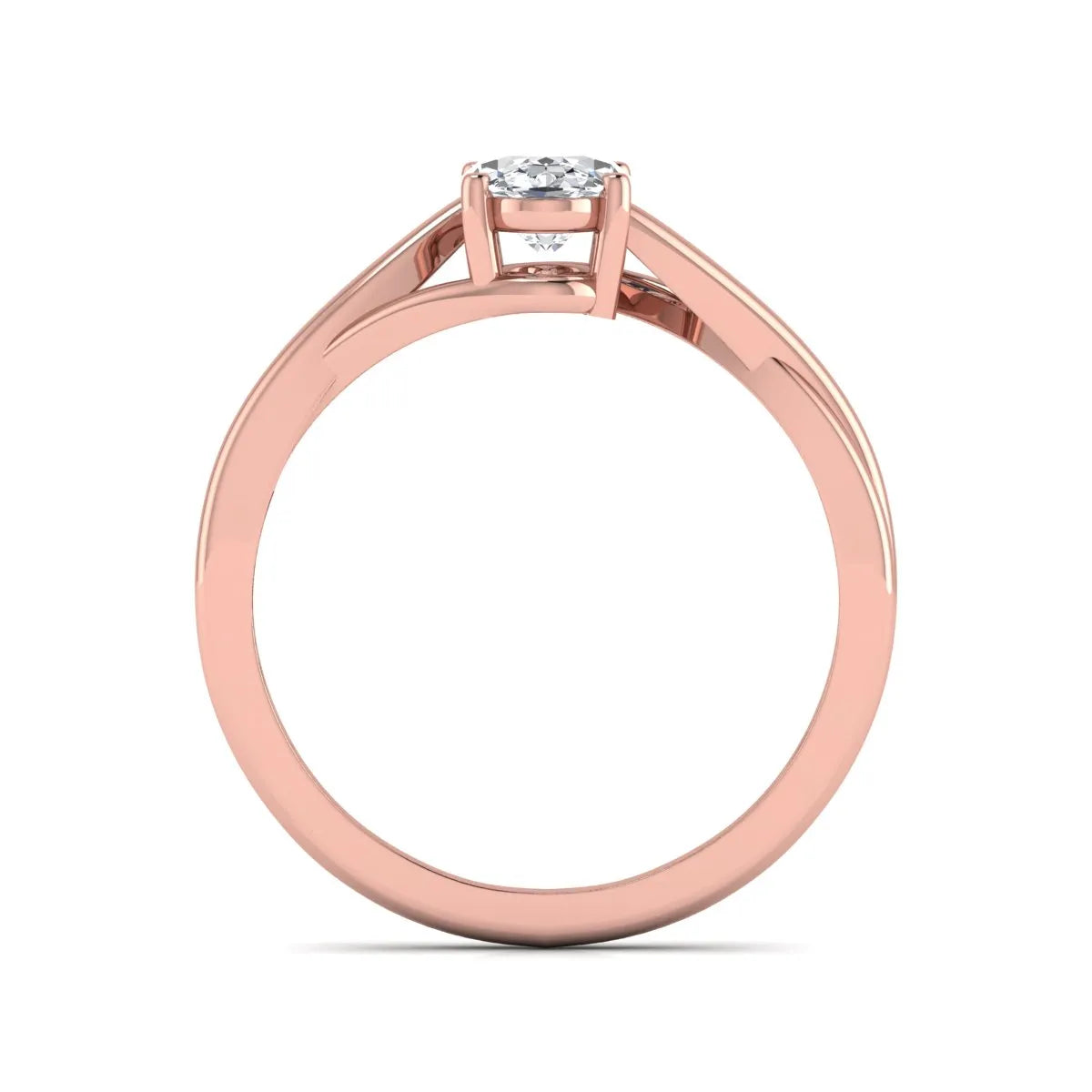 Oval twisted shank solitaire lab grown diamond engagement ring featuring a 1.50 carat IGI certified oval cut diamond in a rose gold setting.