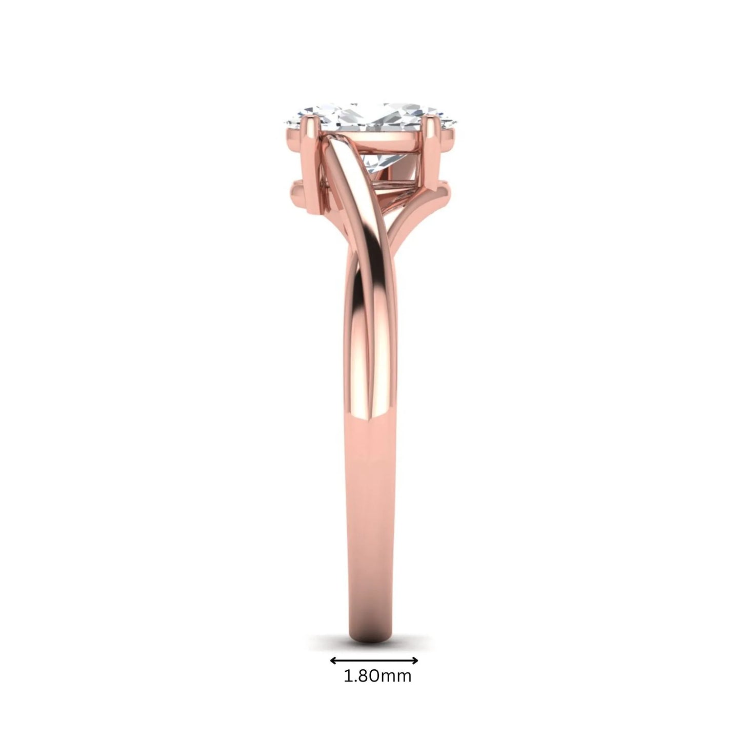 Oval twisted shank solitaire lab grown diamond engagement ring featuring a 1.50 carat IGI certified oval cut diamond in a rose gold setting.