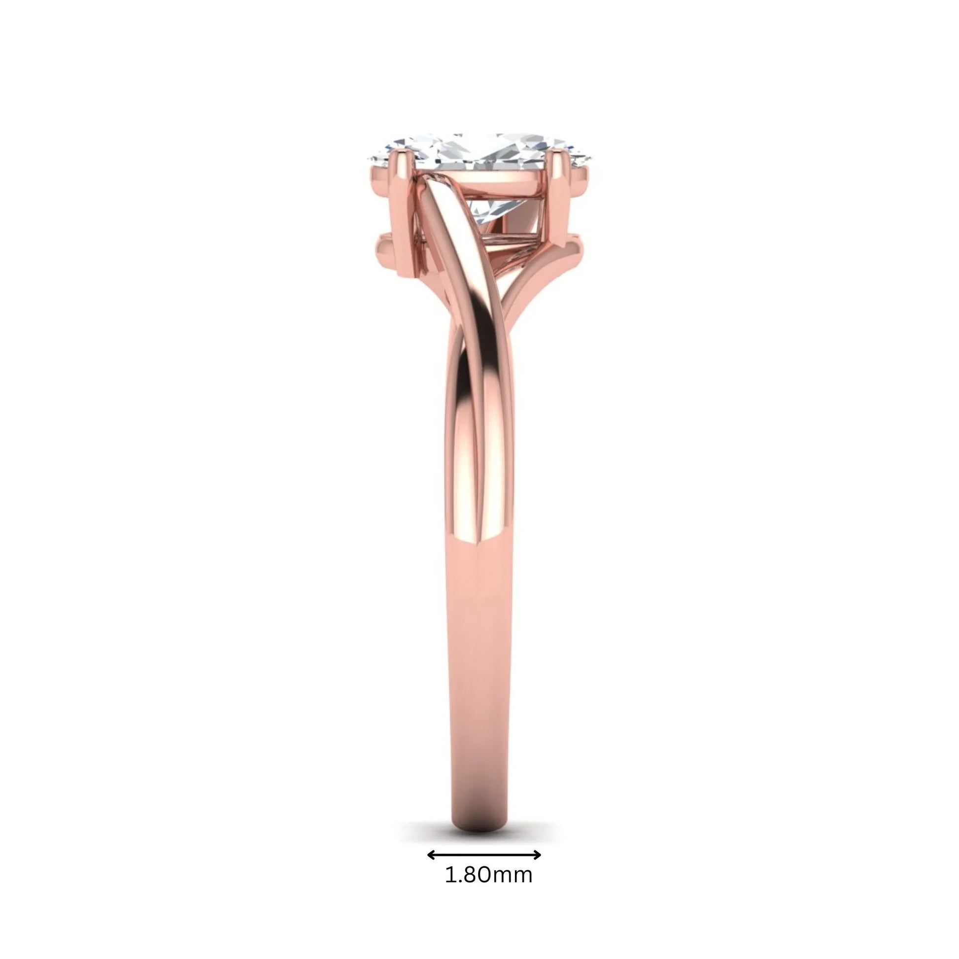 Oval twisted shank solitaire lab grown diamond engagement ring featuring a 1.50 carat IGI certified oval cut diamond in a rose gold setting.