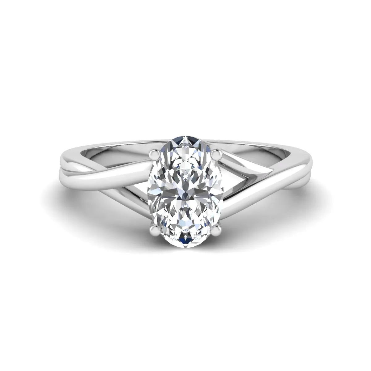 Oval twisted shank solitaire lab grown diamond engagement ring featuring a 1.50 carat IGI certified oval cut diamond in a white gold setting.