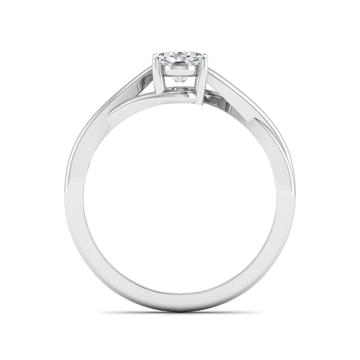 Oval twisted shank solitaire lab grown diamond engagement ring featuring a 1.50 carat IGI certified oval cut diamond in a white gold setting.