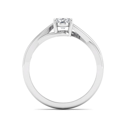 Oval twisted shank solitaire lab grown diamond engagement ring featuring a 1.50 carat IGI certified oval cut diamond in a white gold setting.