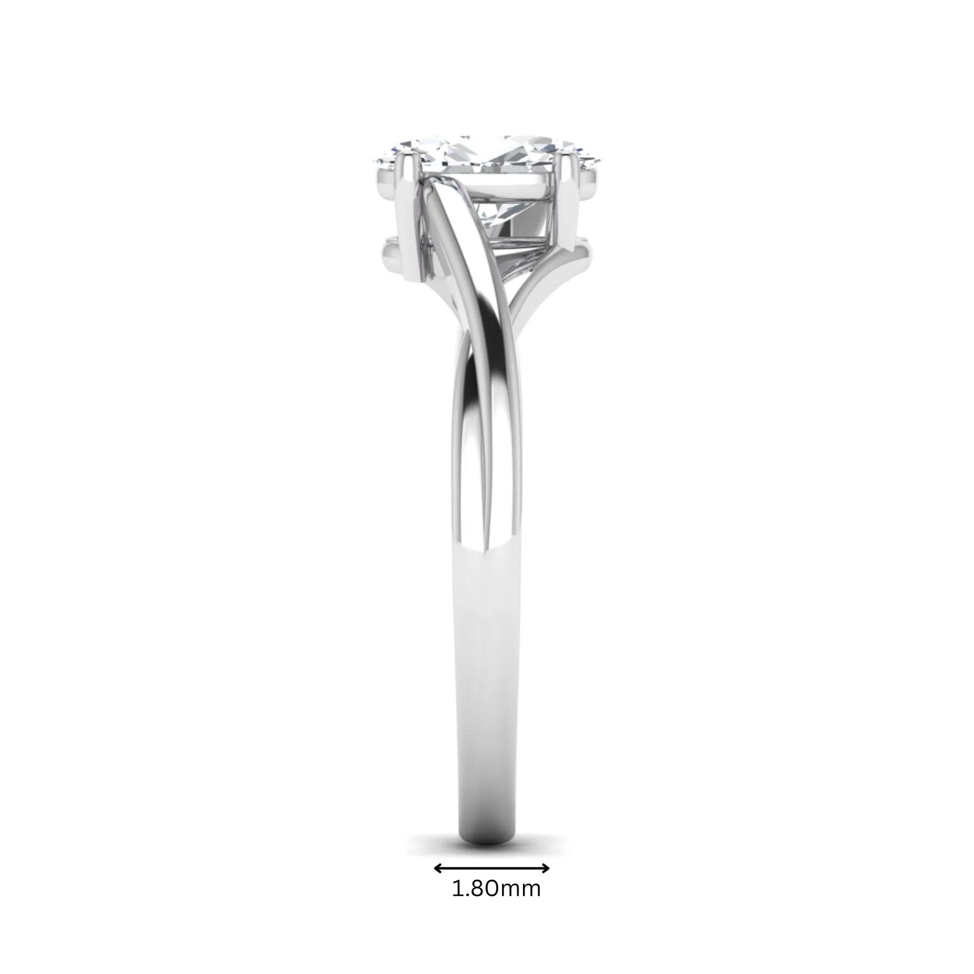 Oval twisted shank solitaire lab grown diamond engagement ring featuring a 1.50 carat IGI certified oval cut diamond in a white gold setting.