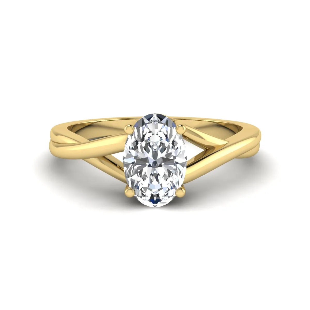 Oval twisted shank solitaire lab grown diamond engagement ring featuring a 1.50 carat IGI certified oval cut diamond in a yellow gold setting.