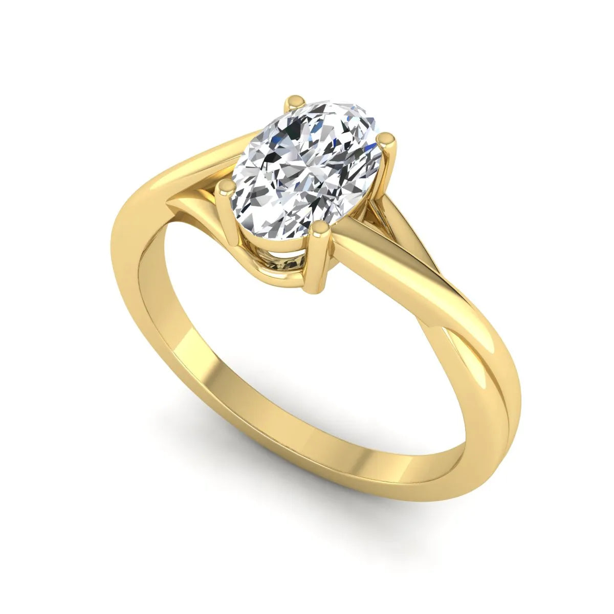 Oval twisted shank solitaire lab grown diamond engagement ring featuring a 1.50 carat IGI certified oval cut diamond in a yellow gold setting.