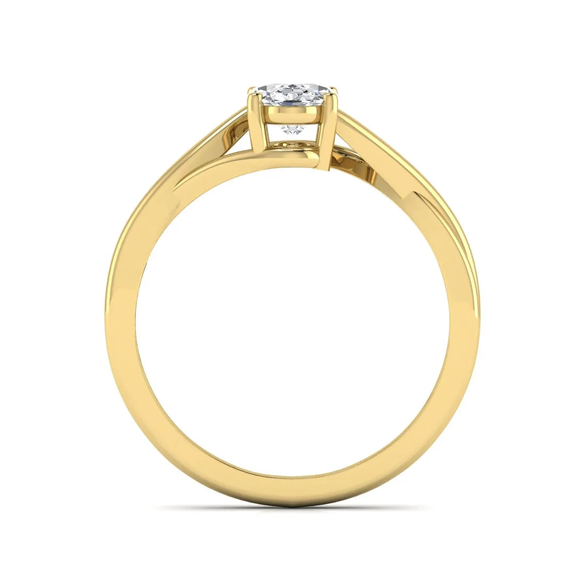 Oval twisted shank solitaire lab grown diamond engagement ring featuring a 1.50 carat IGI certified oval cut diamond in a yellow gold setting.