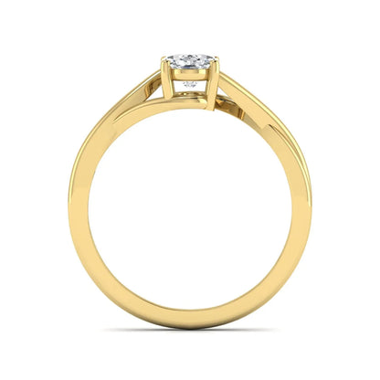 Oval twisted shank solitaire lab grown diamond engagement ring featuring a 1.50 carat IGI certified oval cut diamond in a yellow gold setting.