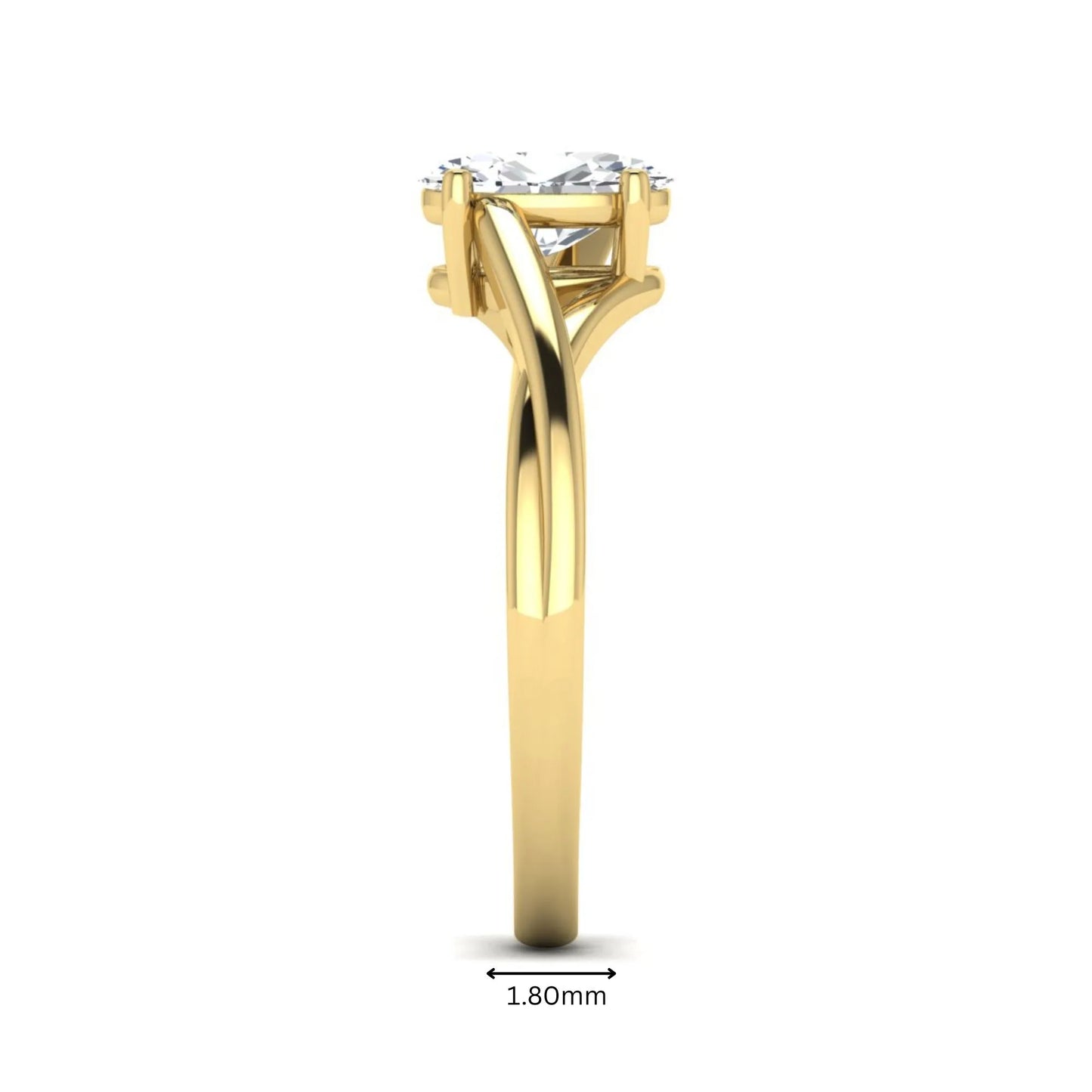 Oval twisted shank solitaire lab grown diamond engagement ring featuring a 1.50 carat IGI certified oval cut diamond in a yellow gold setting.