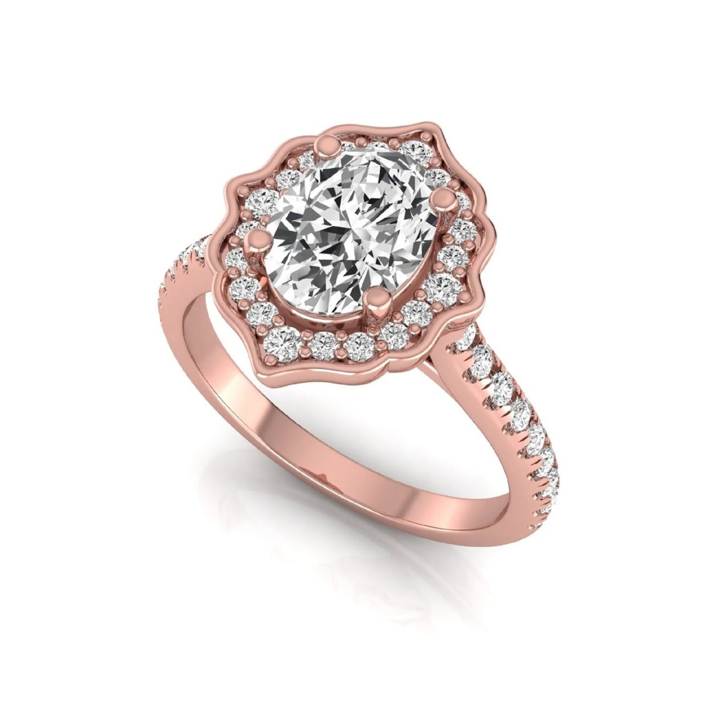 Oval cut lab grown diamond engagement ring featuring a vintage-inspired scalloped halo, pavé diamond band, and rose gold tone setting.