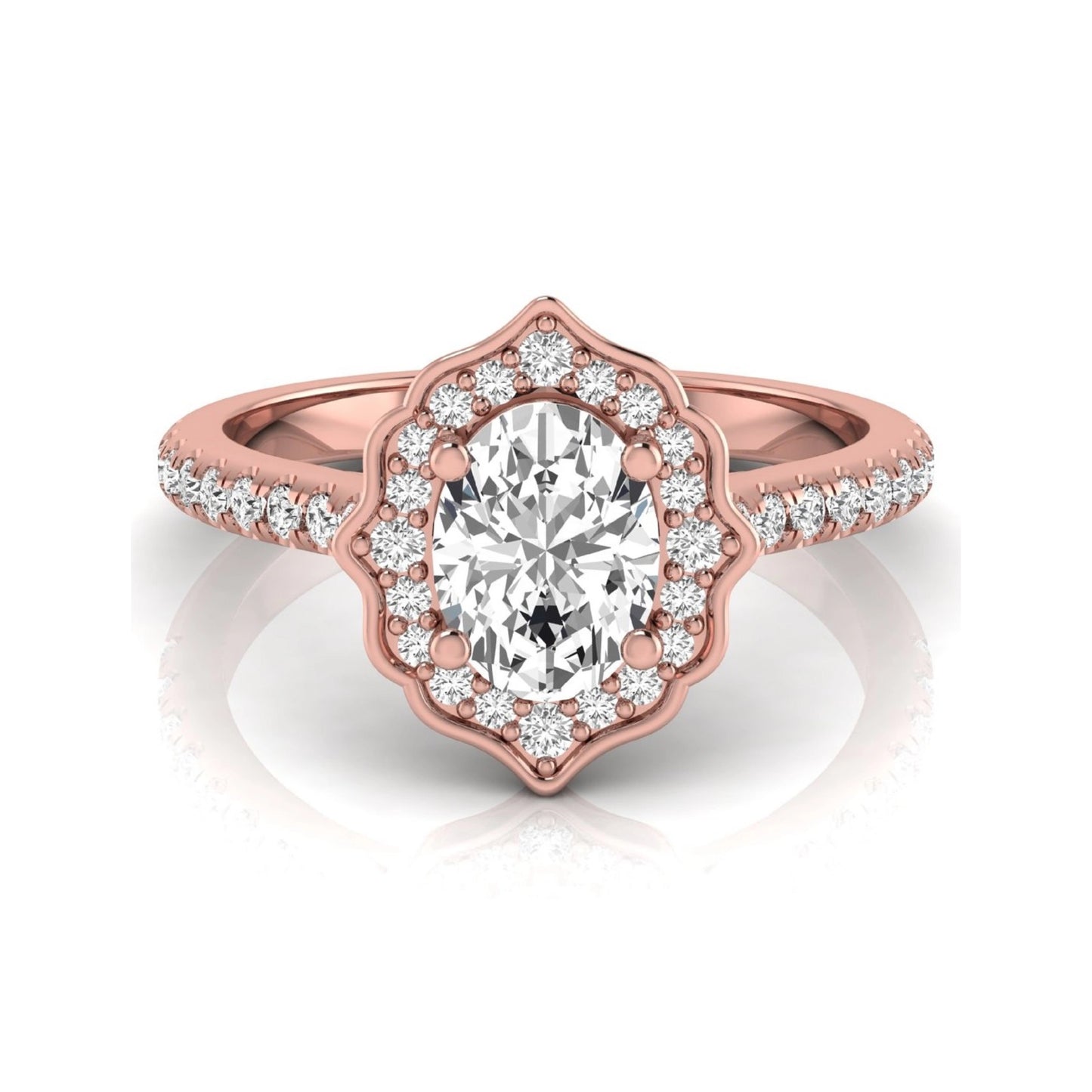 Oval cut lab grown diamond engagement ring featuring a vintage-inspired scalloped halo, pavé diamond band, and rose gold tone setting.