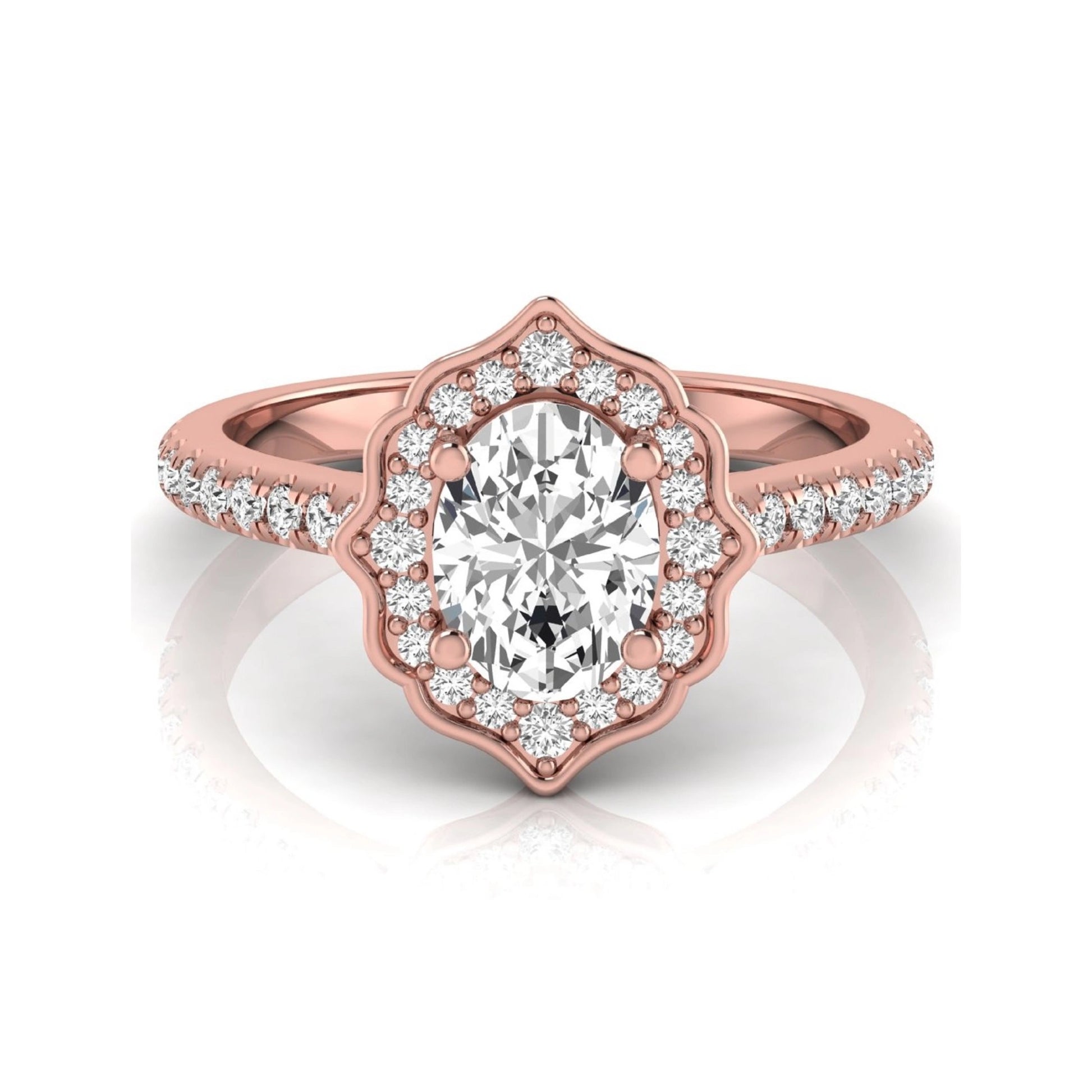 Oval cut lab grown diamond engagement ring featuring a vintage-inspired scalloped halo, pavé diamond band, and rose gold tone setting.