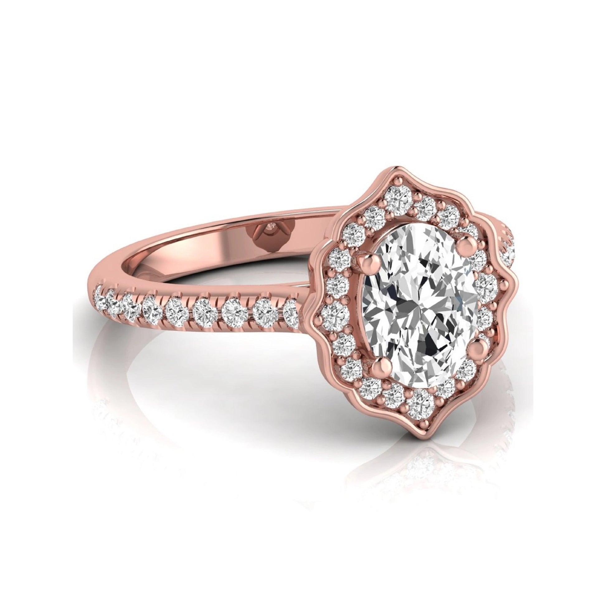 Oval cut lab grown diamond engagement ring featuring a vintage-inspired scalloped halo, pavé diamond band, and rose gold tone setting.
